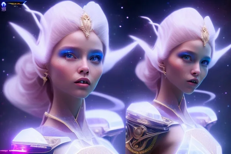  beautiful cosmic woman, nice smiling, magic glamour make up, delicate colors, beautiful glamour galactique dress, ultra sharp focus, 8k, unreal engine 5, extremely sharp detail, light effect, soft light atmosphere of a spaceship, smooth, full of details, face in front, complete vision of face and hair and body