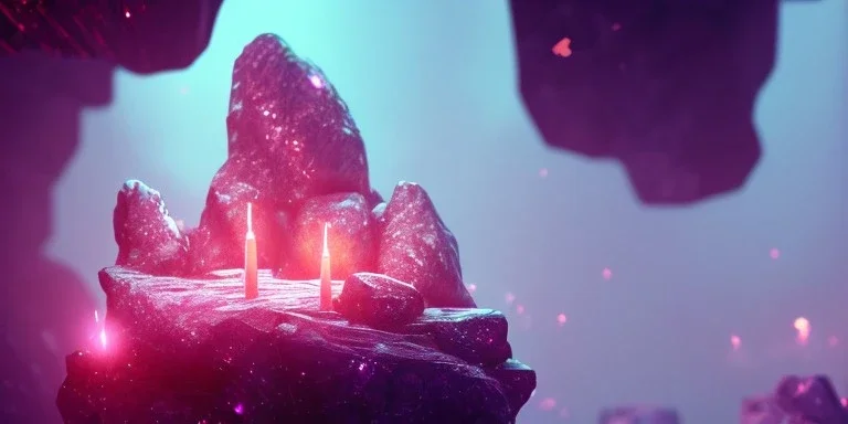 single pink crystal, on an altar in a foggy cave, cinematic,