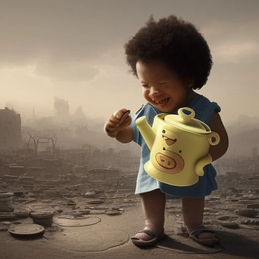 A teapot is shining and a laughing child is looking at it. The child’s image is reflected inside the teapot and behind the child is the reflection of a destroyed city.