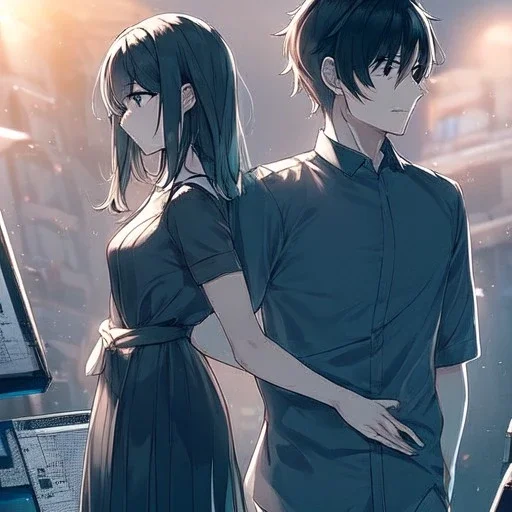 anime couple with day on one side night on the other, stormy night on one half, sunny day on the other half,ballancing scale, couple is standing back to back