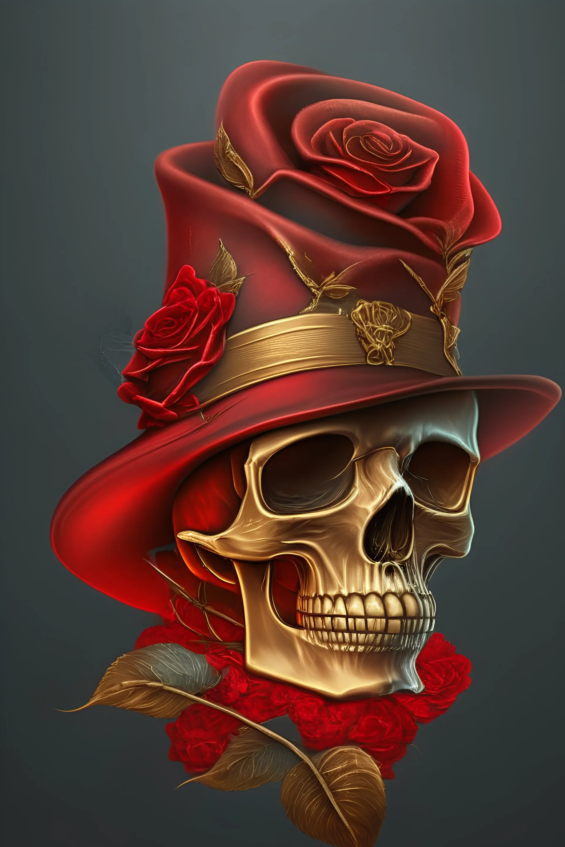 skull with red and gold hat and rose