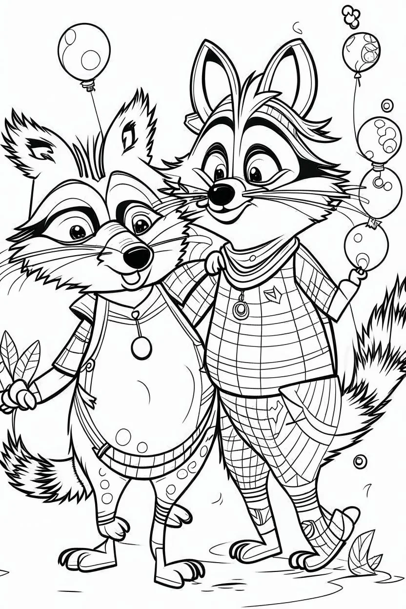 HAPPY NEW YEAR CELEBRATION coloring page for kids,Raccoon couple dances with balloons, thick outline, low details, no shading, no color