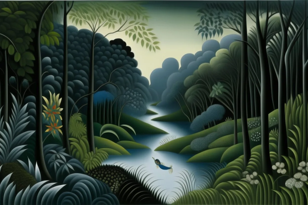 A bluish gray jungle with a toxic river painted by Henri Rousseau