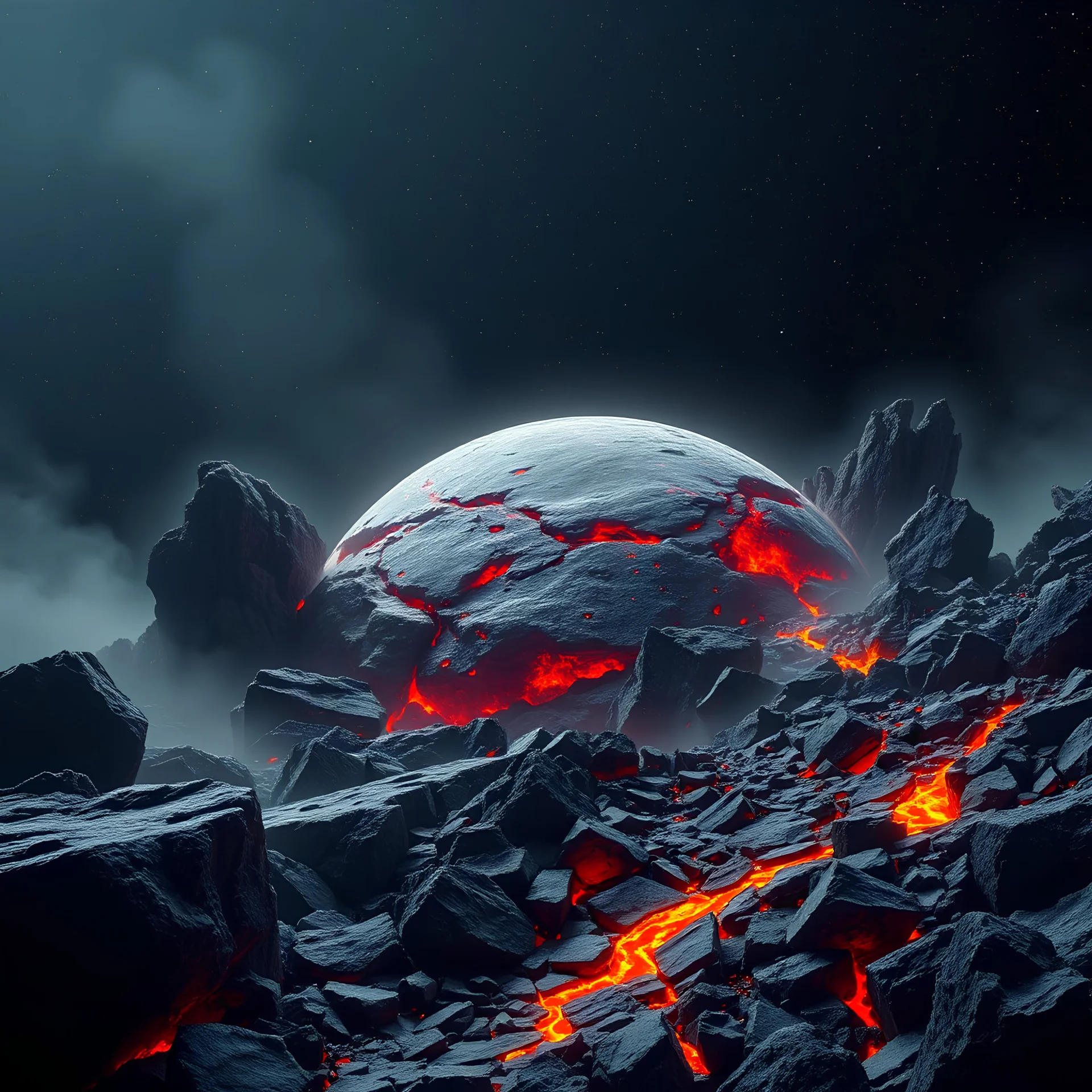 a rocky volcanic planet surrounded by distant stars in a vast universe with molten jagged bolder sized rocks and pebbles mixed with dust merged together with magma in darkness and cooling with smoke seeping through crevices in the rocks and water gushing and spraying out of cracks in the rocks and magma spewing