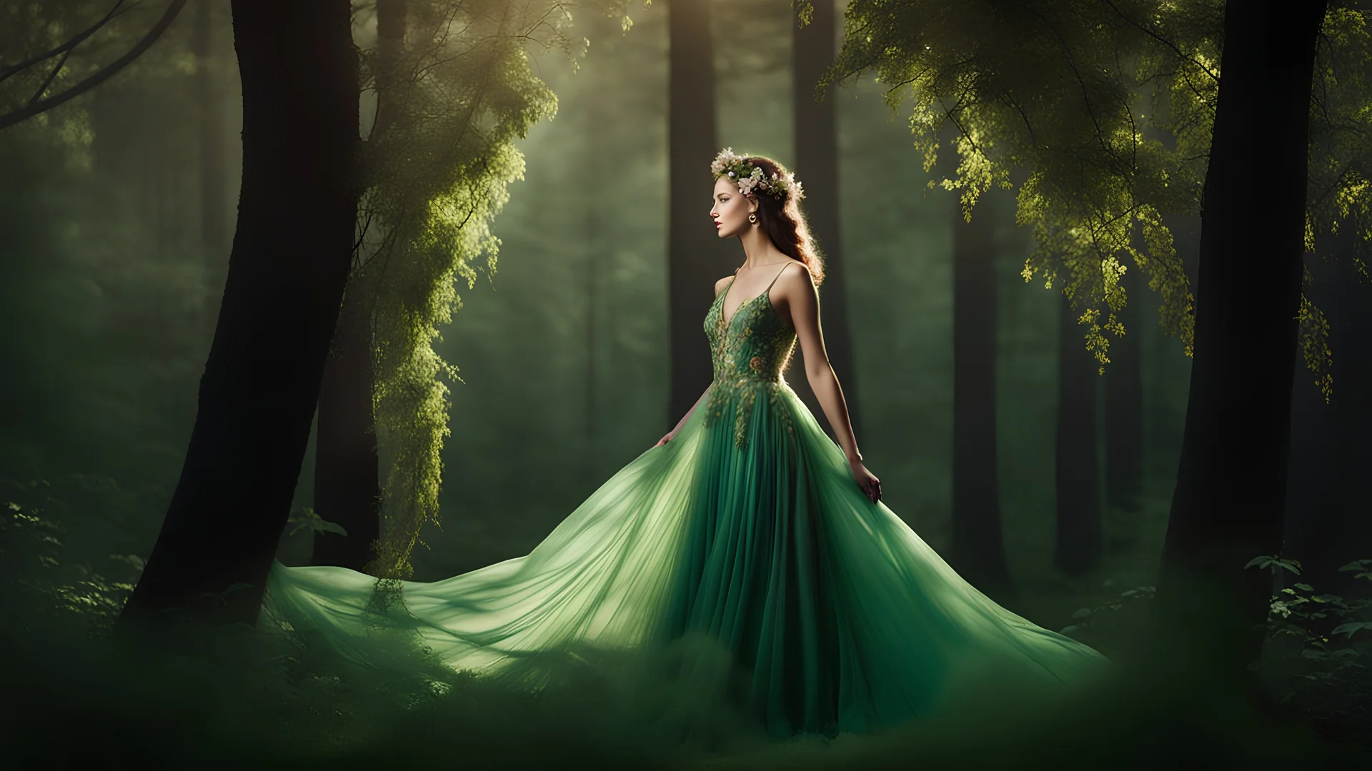 In a mystical forest, a fashion goddess emerges from the foliage. She wears a couture gown embellished with delicate flowers and leaves, blending seamlessly with the natural surroundings. The dress flows ethereally around her, mirroring the movement of the wind through the trees. Her presence exudes a sense of enchantment and grace. The forest is bathed in soft, diffused sunlight that filters through the canopy, creating a magical and dreamlike atmosphere. The photographer, Tim Walker, captures