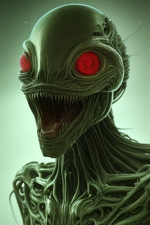 green alien, head, evil, red eyes, big silver teeth, weapons, blood, 8k, finely detailed, photo realistic, HR Giger style