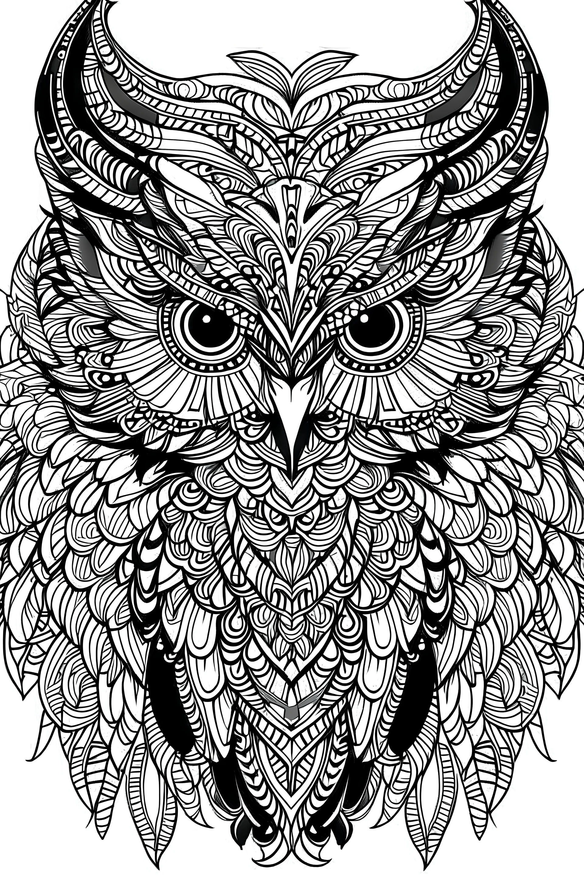 Create a [portrait] of an owl pattern for a coloring page. The design should feature intricate details, focusing on a [black and white] color scheme. full large cleaned, Imagine a [panoramic] shot highlighting the [feathers, eyes, wings] using [ 135mm ] lenses on a [Canon EOS R6 Mark II]. Aim for [photorealistic] rendering with [ 64K] resolution to ensure [maximum detail], Incorporate [hyper-detailed],full image,line art, full white background, thick outlines,no noise,crisp