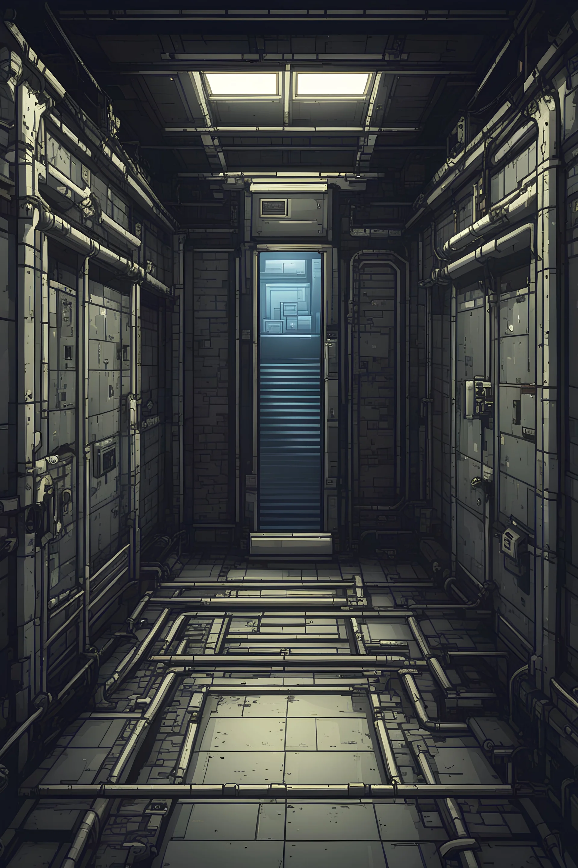 background, abandoned elevator tunnel inside laboratory bunker for asset video game pixel art 2D view, platformer, tileset