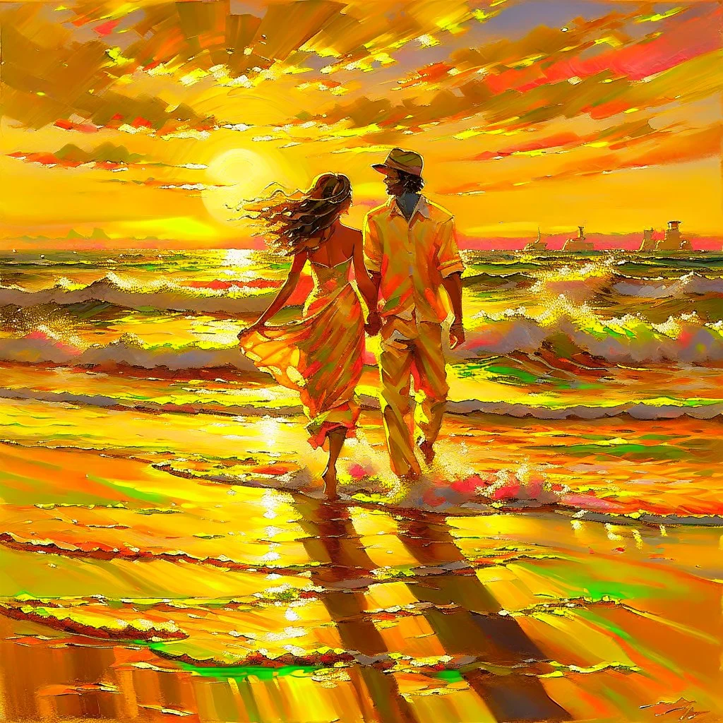 Amidst the beach's embrace, a youthful couple walks, love radiating effortlessly. Sunset's golden touch paints them, shadows intertwining. Her flowing dress mirrors the boundless sky, his gaze, pure devotion. Laughter mingles with waves, creating a symphony. A universe of affection resides in stolen glances, entwined fingers, smiles. Time pauses, their love the focal point. The world fades, leaving their profound connection aglow.