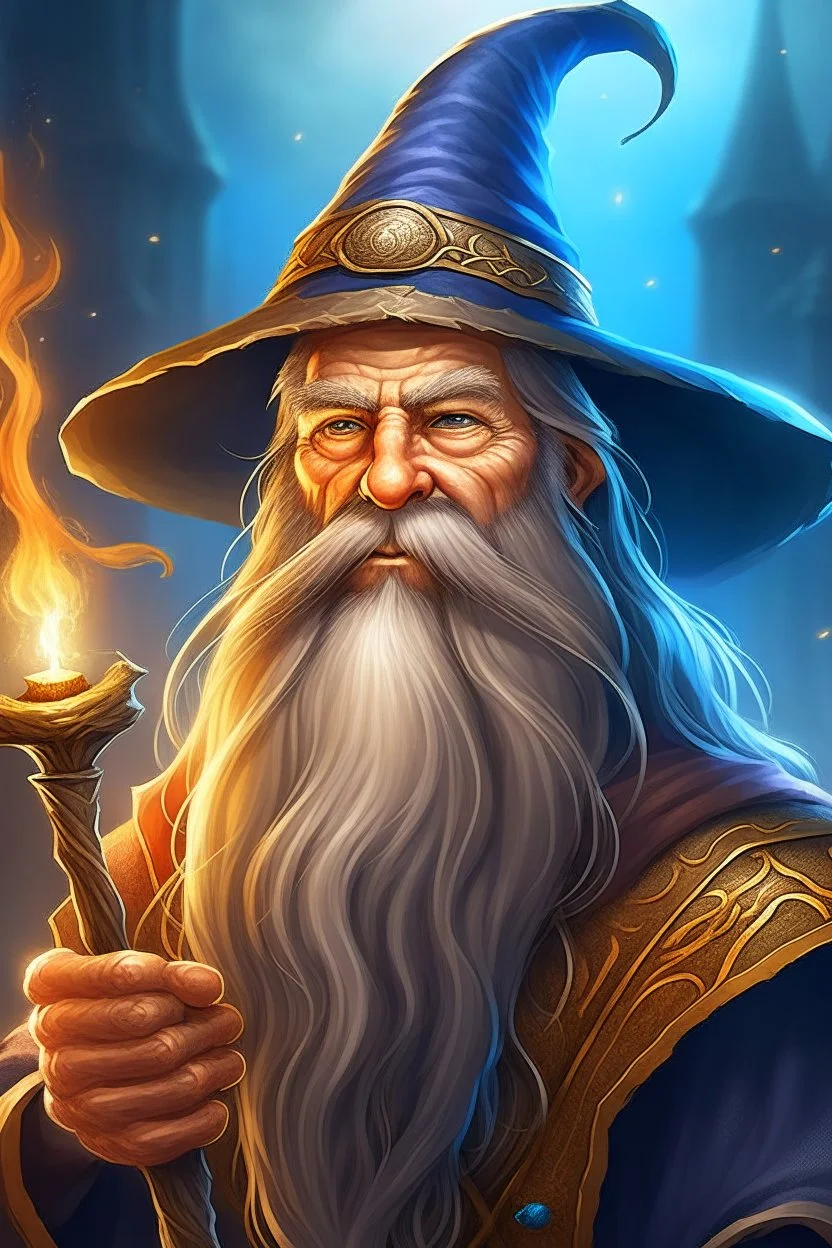 Wizard with majestic beard and pointy hat doing wizard stuff