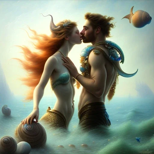 A beautiful portrait of a two mermaid couple kissing , leaning on a ships deck ,Rough sea in the background, a shark,snails, seashells (digitall art by Eugene de Blaas and Ross Tran, vibrant color scheme, highly detailed, in the style of romanticism, cinematic, artstation best quality, realistic lighting, masterpiece portrait, details light dusting , cowboy shot from above, simple chain hauberk Vector art digital illustration 3D shading )