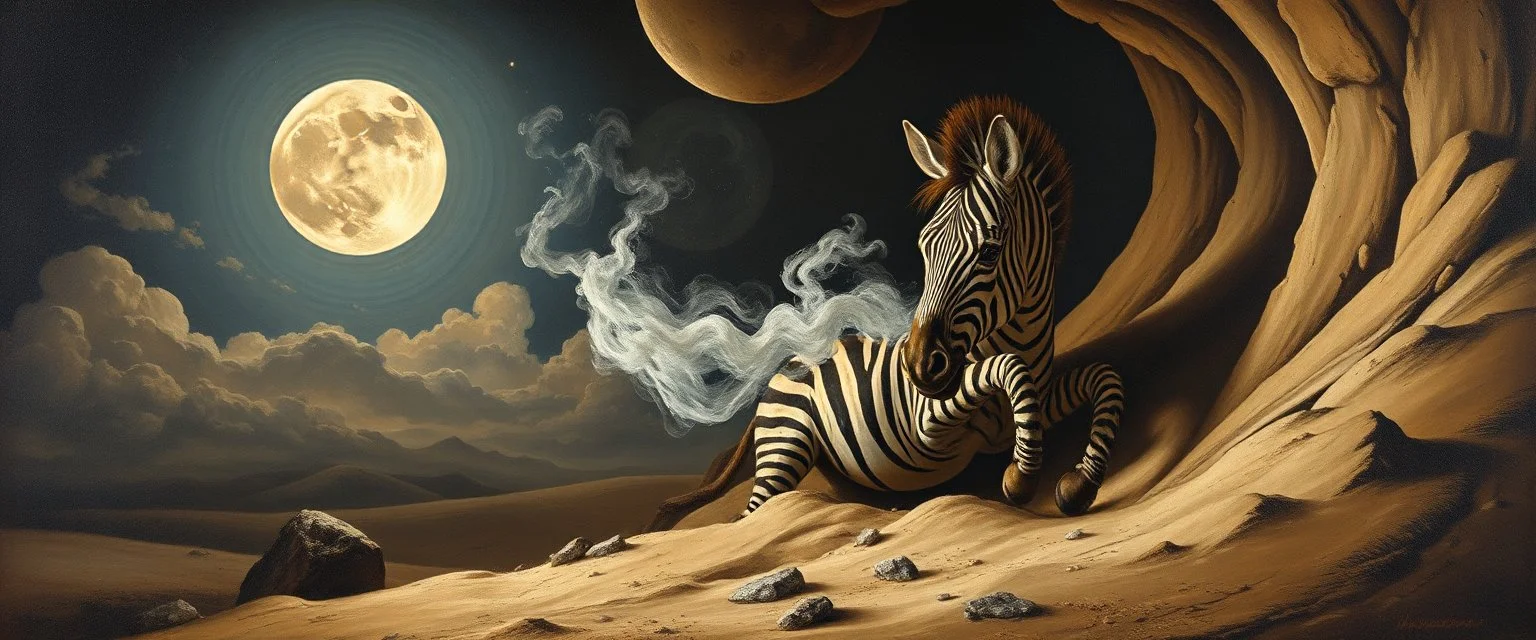 master oil painting by Rembrandt, good afternoon clay moon chill hyper zebra smoking trickster golem peeking out of a sand twister whirlwind cocoon