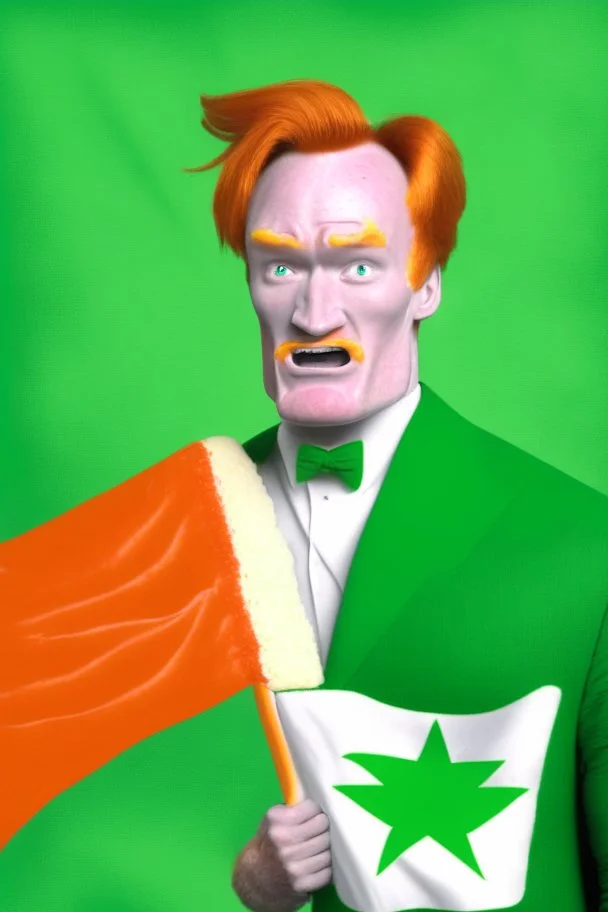 Conan O'Brien with bright orange hair holding orange cheese. "Esperanto flag in background". Green-flag-with-white-star. Green flag in background