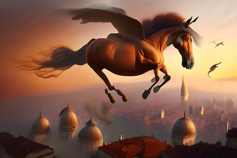 Ultra realistic vibrant half-human, half-horse creature (Centaur) flying after a dynamic jump in the sky before a Bird's-eye view of Istanbul at sunset, with Hagia Sofia visible, in the twilight, and fog and mist rolling in between the houses. Pastel brown and orange colors, sepia very attractive fantastic view