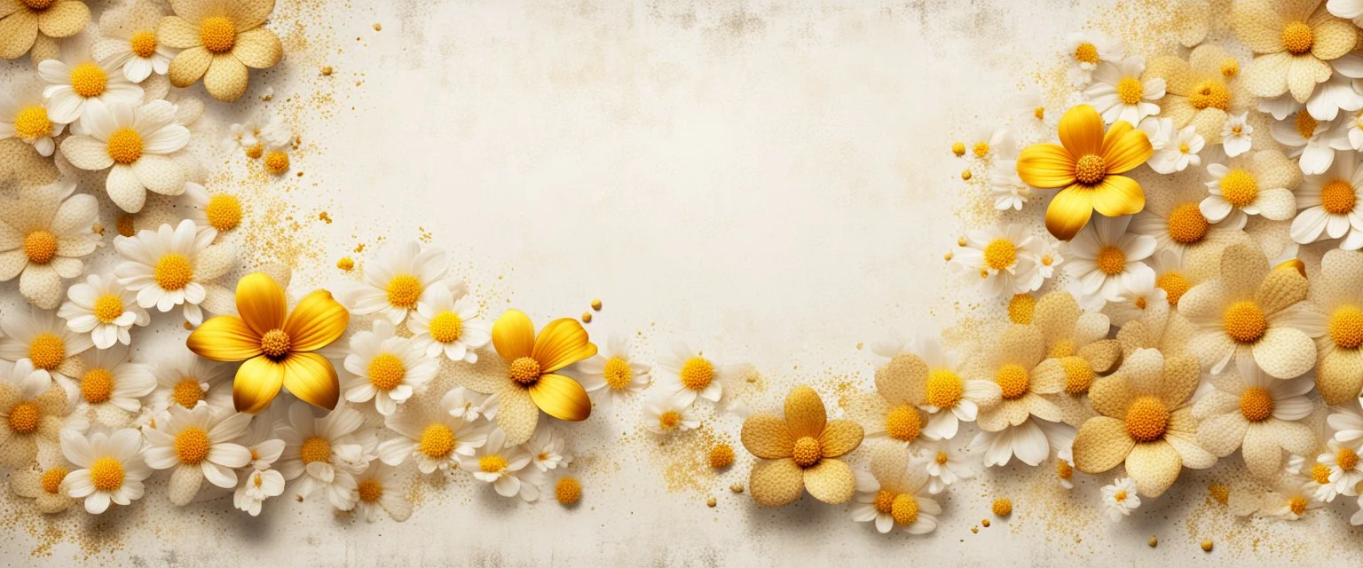 Hyper Realistic Beige-&-Yellow small-multicolor-flowers With Glowing Golden Embers On Off-White Grunge Wall Background.