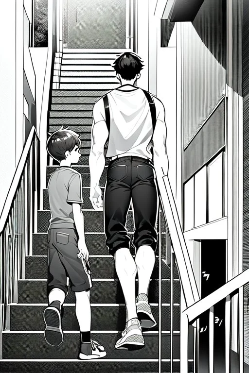 a boy in shorts sleeveless shirt climbs the stairs, greyscale