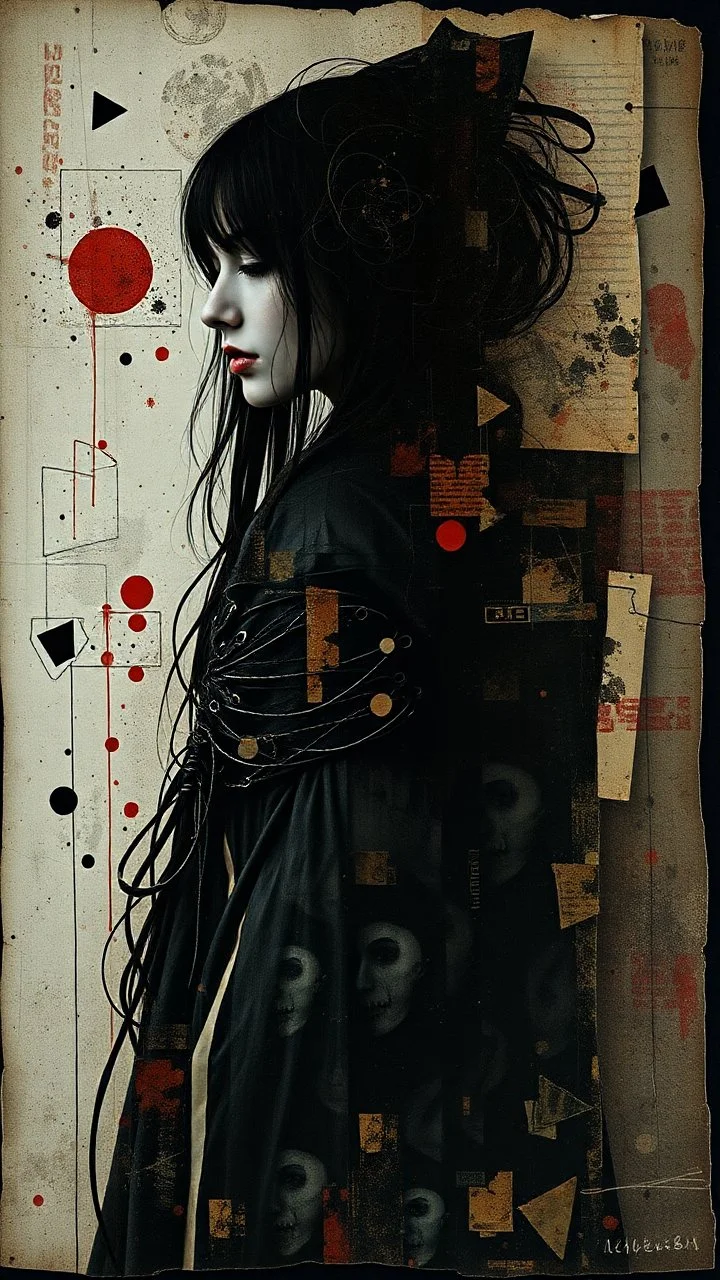 Abstract art, hand assembled, full body female goth rocker portrait from found objects collage, random textile textures, mixed media, Wassily Kandinsky, Jerry Uelsmann, Paul Klee, double color exposure, surreal, otherworldly, dark noir, atmospheric, decayed, sorrowful, forlorn
