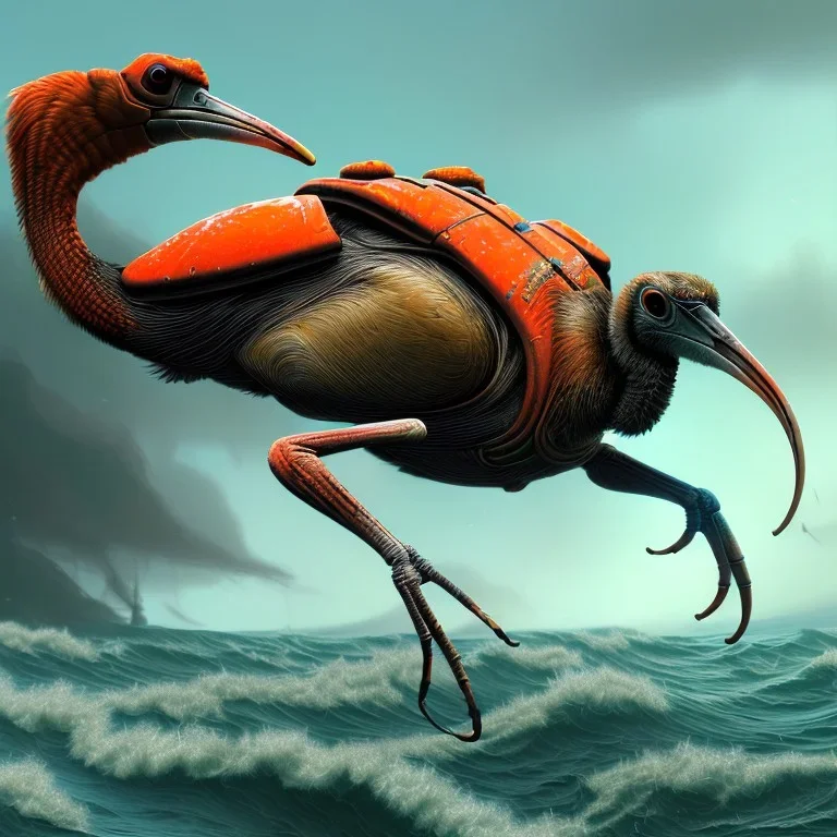 a digital art ibis in orange and green battle armor, in a hurricane, a highly detailed illustration, background of crashing ocean waves, realistic render, 8 k, micro detail, intricate, elegant, centered, digital painting, Artstation, smooth, sharp focus, illustration, artgerm, tomasz alen kopera, peter mohrbacher, donato giancola, joseph christian leyendecker, wlop, boris vallejo