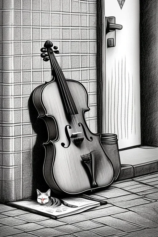 One single mature homeless cat, sleeping in a corner on the street, violin case, Vienna, mourning, model style, hyper realistic, extremely accurate, delicate, extremely detailed, Graphic novel style, wide-angle, open aperture, superfine pencil