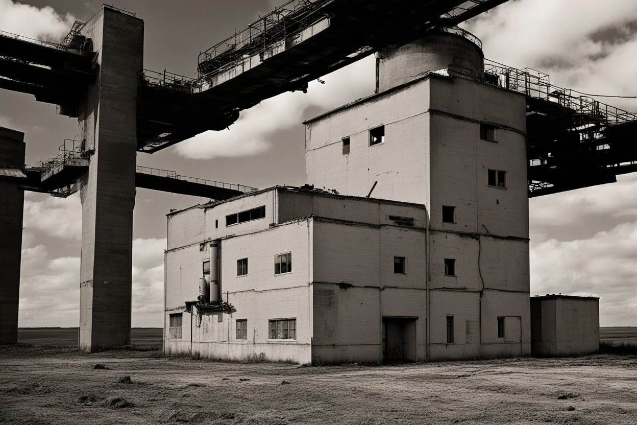 landscape ,minimal ,Photo with an old analog camera. Black and white. Part of a strange dream. white clouds wide plain The big building between them. like pink floyd pigs landscape ,Abandoned factory ,from a weird dream captured with the first model of dreamrecorder by gnom industries inc