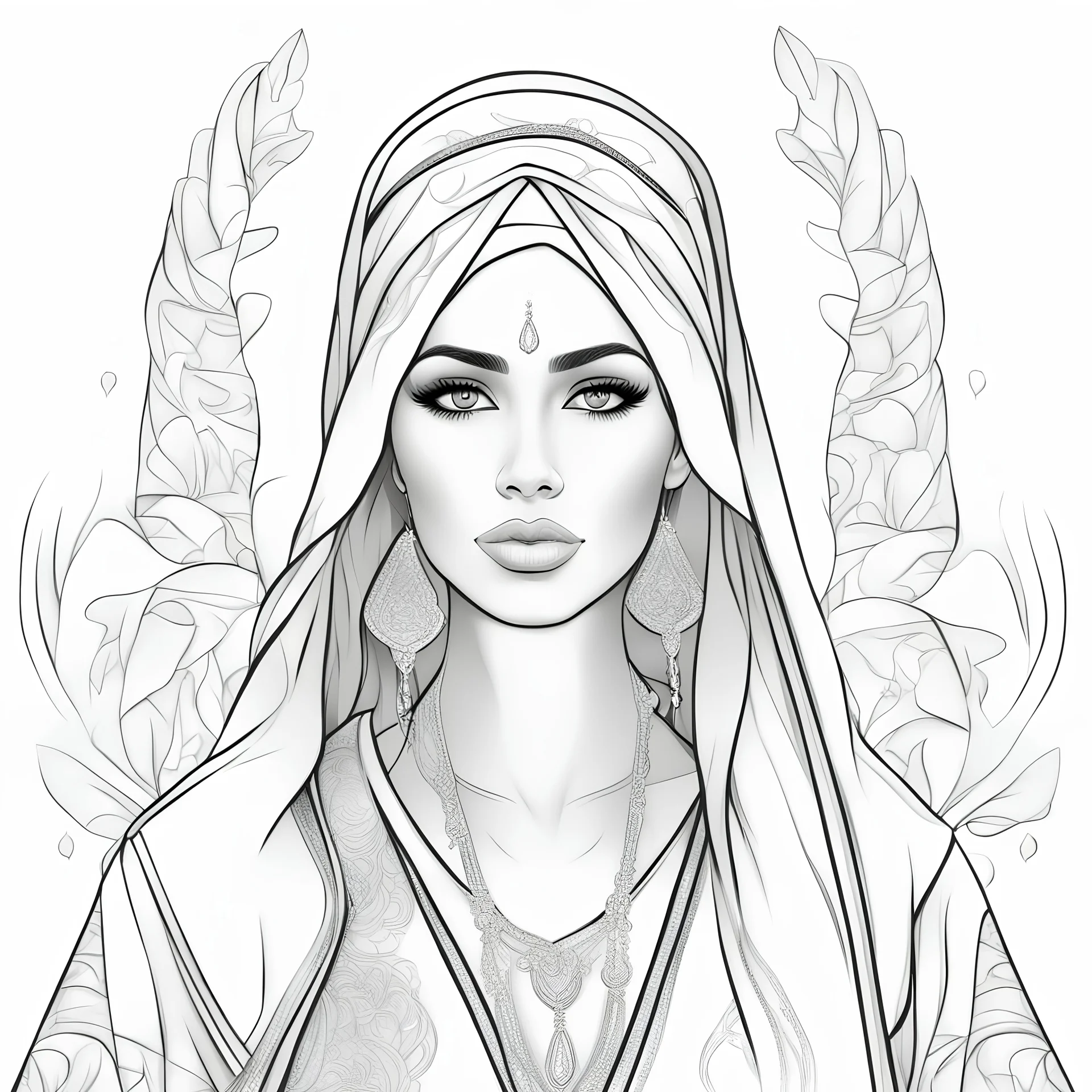 outline art, coloring pages, white Background, Black line, sketch style, only use outline, mandala stile, clean line art, white background, no shadow and clear and well, BEAUTIFUL ARAB WOMAN, ALL BODY