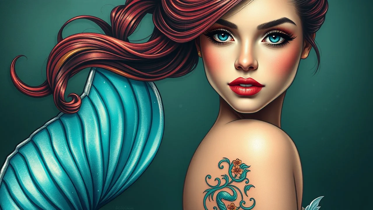 Mermaid Portrait, Shimmering Turquoise Tail, Tattoo, High Resolution, Trending on Artstation, Fine Details, 8K