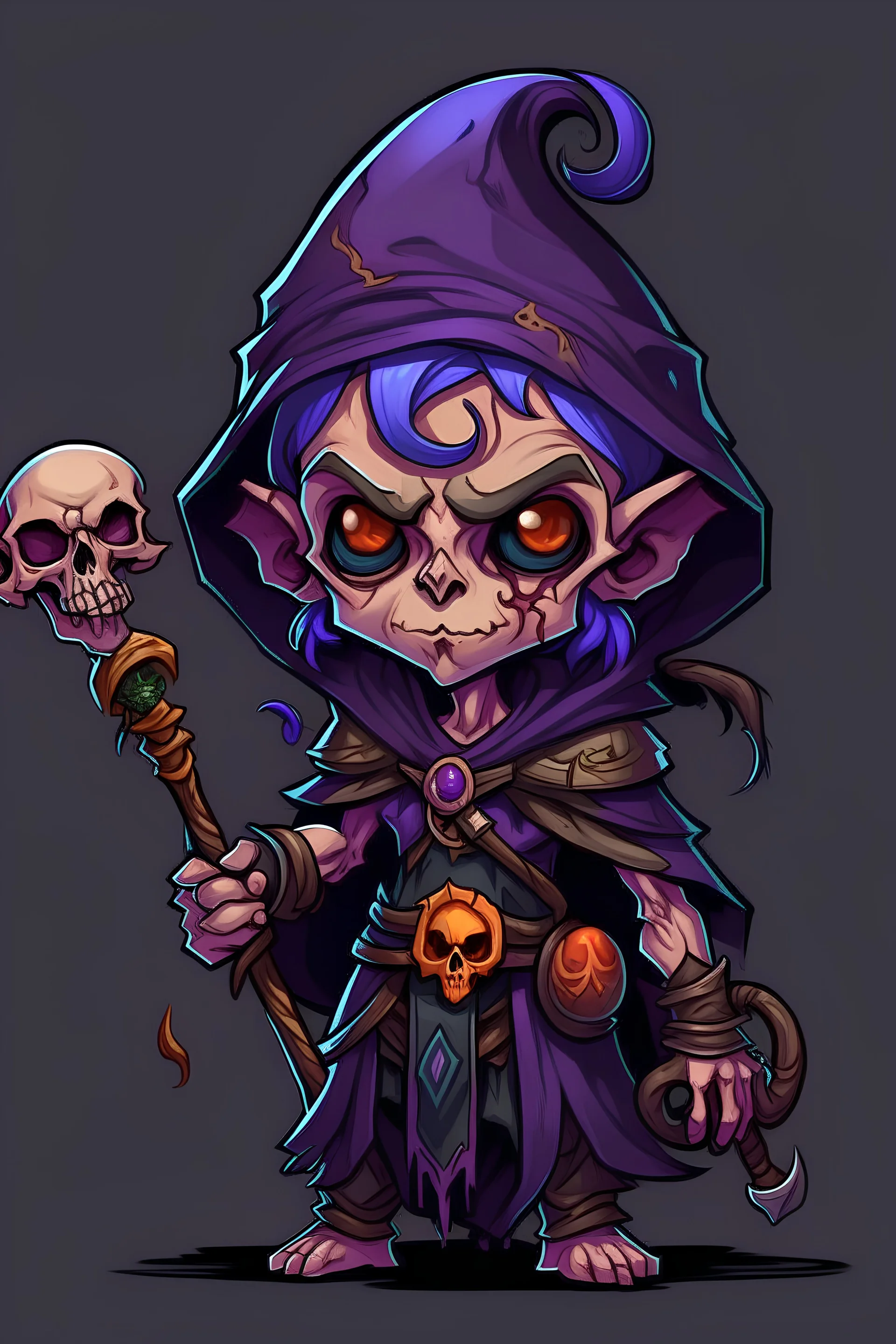 halfling female warlock holding a staff with a skull on top with purple eyes