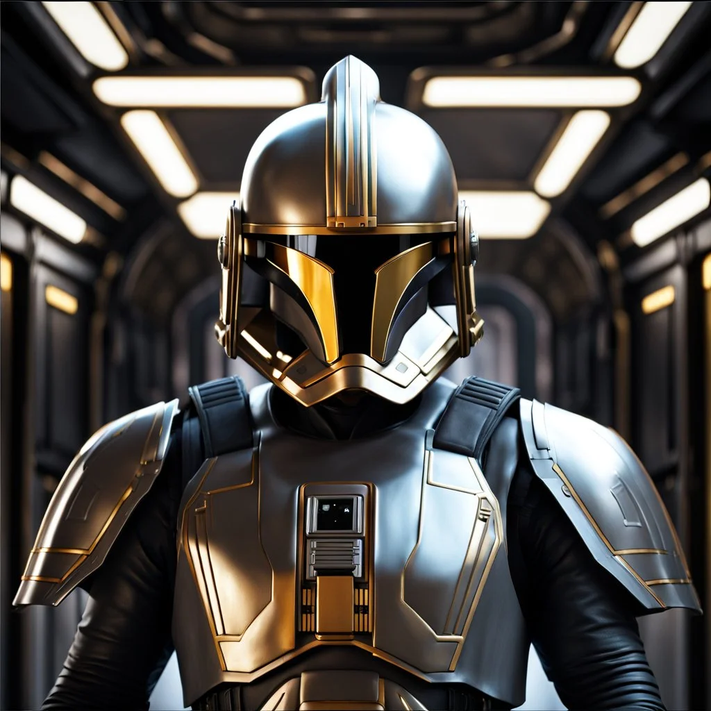 star wars bald male corellian pilot wearing pearlescent black and gunmetal grey First Order special forces heavy assault armor and helmet with gold trim inside the jedi temple, centered portrait, hyperdetailed, dynamic lighting, hyperdetailed background, 8k resolution, volumetric lighting, light skin, fully symmetric details