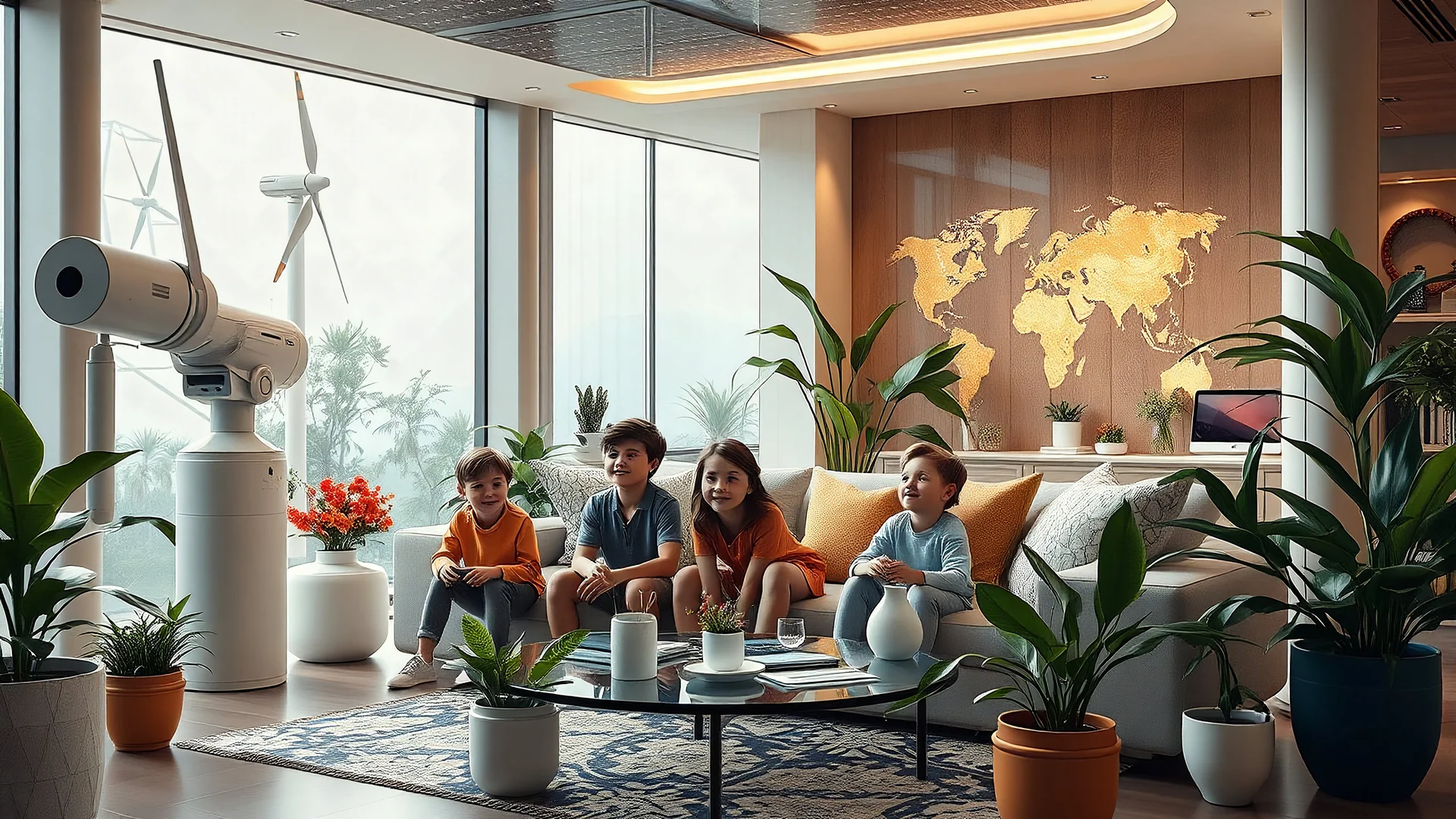 Futuristic family living in a luxurious future home, exciting technology, sustainable technology, solar power, water turbine, wind turbine, happy children, beautiful clothing, happy robots, lots of house plants, perfect detail, perfect faces, perfect bodies, high quality render, colour photograph