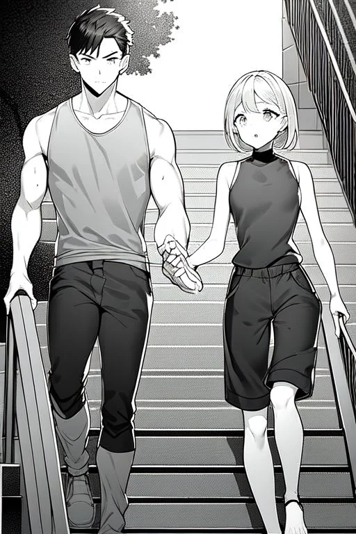 a boy in shorts sleeveless shirt climbs the stairs, greyscale