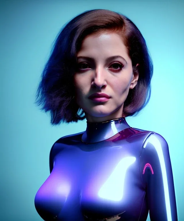 Artist, young gloria estefan, android woman, sweet, clean skin, short hair, circuits, ghost in the shell, latex coat, feather, cyber punk, neon, bamboo, blood, portrait, studio photo, unreal engine 5, soft color, 16 bit, god lights, ray tracing, RTX, lumen lighting, ultra deatail, volumetric lighting, 3d, finely drawn, hd.