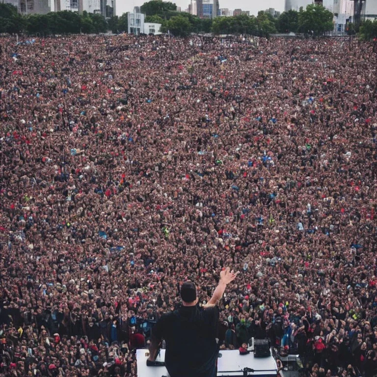 one man on stage in front of massive crowd