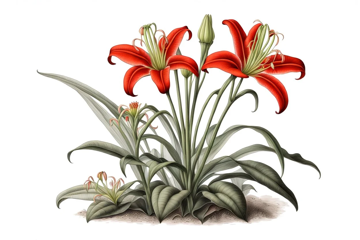 Western Red Lily plant, scientific illustration on white background, vignette