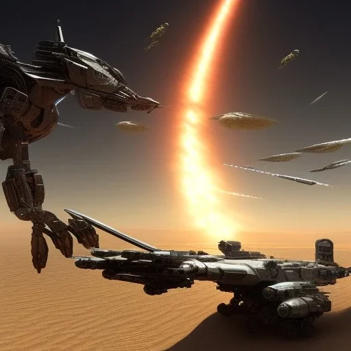 Armored Core machine robot fights another Armored Core fly in the sky in the desert with the ocean where you can see the space in the sky with the night on the horizon, 4k resolution