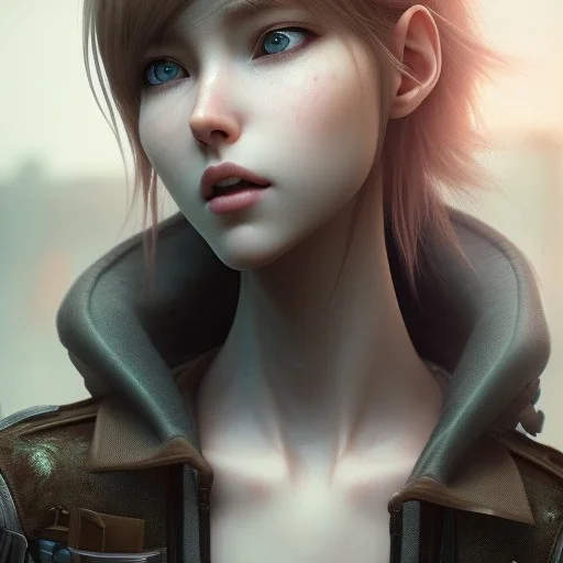 realistic female anime character, in the style of "left alive", perfect composition, beautiful, detailed, intricate, insanely detailed, octane render, trending on artstation, 8 k, artistic photography, photorealistic concept art, soft, natural, volumetric, cinematic, perfect light, chiaroscuro, award-winning photograph, masterpiece, oil on canvas, raphael, caravaggio, greg rutkowski, beeple, beksinski, giger, nice eyes