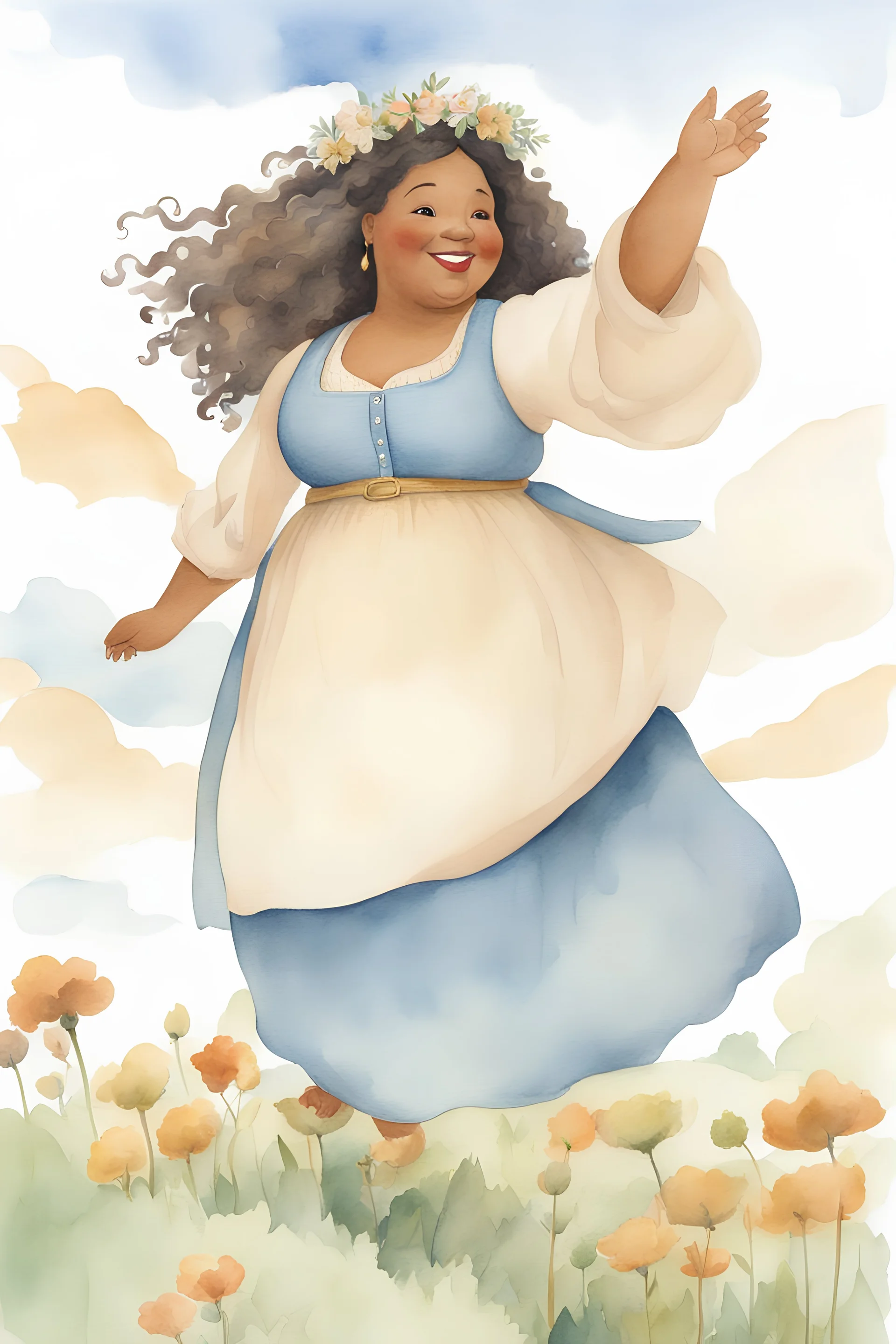 Beatrix Potter style watercolor full body, whole body, Vintage watercolor cartoon pixar style, a fat beautiful chubby black woman with curly long hair, ,tan skin tone, happy face, looking at sky, wind in hair, arms raised, a simple minimal art using Boho style, tale of fairy, realistic and detailed hair, not laminated, Disney movie m close-up of a cartoon character, cute detailed digital art, digital painting, girl portrait, high quality 8k detailed art, loish and wlop, Guweiz st