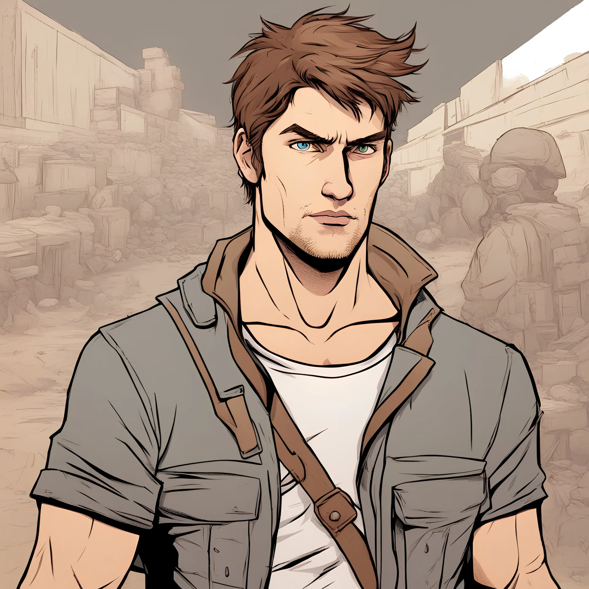 Portrait, male character with brown hair, t-shirt comic book illustration looking straight ahead, post apocalypse