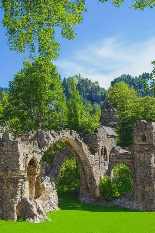 medieval gothic house built into rocks, lake, trees, arches, balconies, bridges, verandas, foliage, sunny blue sky