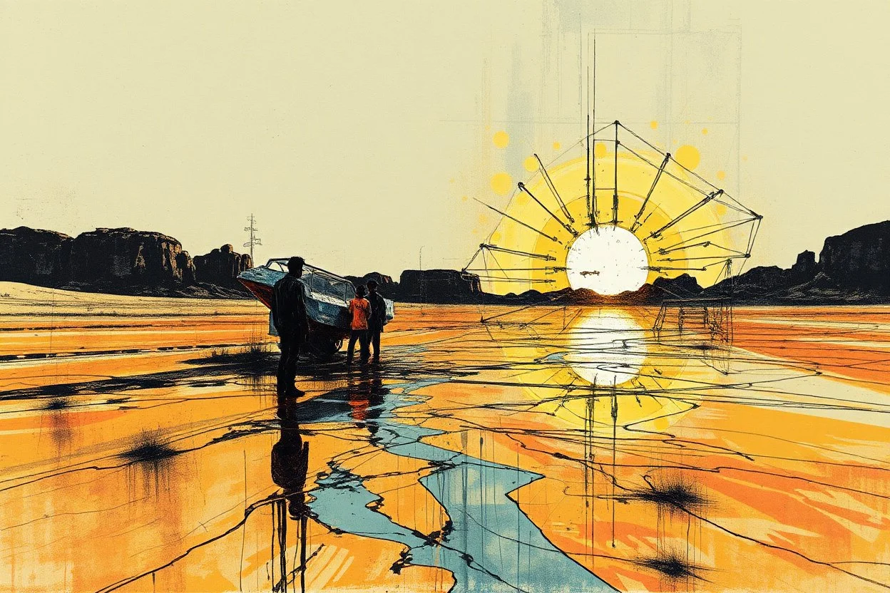 a probable cyberpunk aspect generating in an arafed desert, acrylic and ink, great reflections, burst dynamics, double exposure, liminal space, harsh contrasts, sharp shadows, jux:tox, ink leaks and splinters, e.x.p.l.o.d.e and blast vibe
