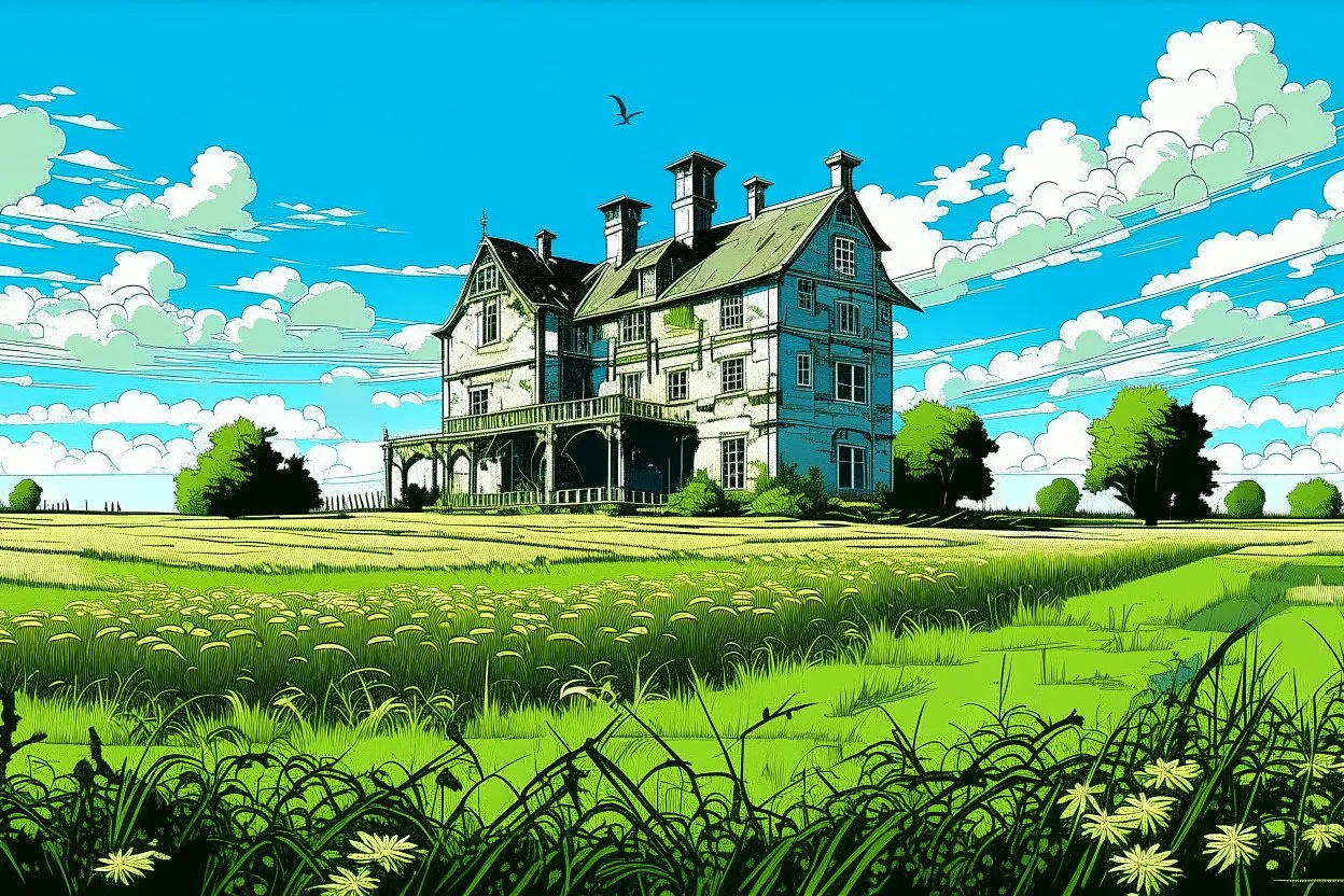 Disused, Victorian Manor House, Blue Sky, Over-Grown Fields, Vector Art