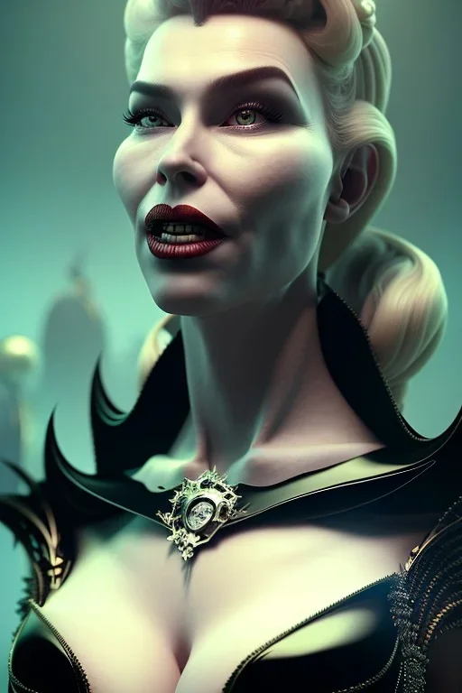 Hannah Waddingham as evil queen in black leather gown, busty, cleavage, voluptous, rebecca Welton, angry, stern look. character design by cory loftis, fenghua zhong, ryohei hase, ismail inceoglu and ruan jia. unreal engine 5, artistic lighting, highly detailed, photorealistic, fantasy