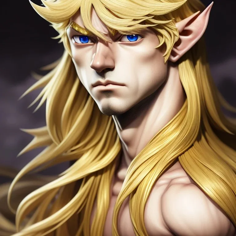 Beautiful male elf with blonde hair dressed in gold, Anime Key Visual, by Kentaro Miura, Deep Color, Intricate, 8k resolution concept art, Natural Lighting, Beautiful Composition head and shoulders portrait, 8k resolution concept art portrait by Kentaro Miura, Artgerm, WLOP, Alphonse Mucha dynamic lighting hyperdetailed intricately detailed Splash art"