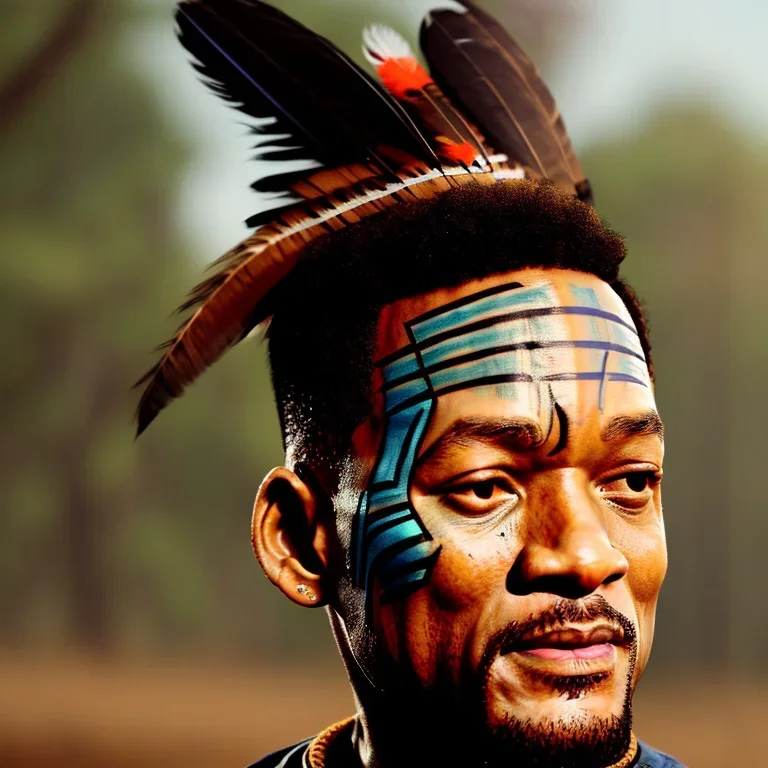 ein perfektes bild von will smith als azteke,kopf portrait,realistic, indianer,gesichtsbemalung, perfect face, sharp focus, woods, kostüm, häuptling, federn,