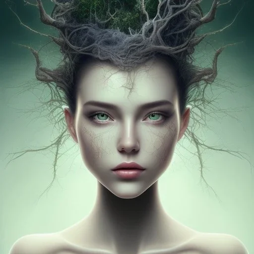  fantasy art: a beautiful tree-human hybrids facial image. lush green tree branches flow through her. Modify with a beautiful luminescent flower & tendrils dangling from her head AND modify facial expression so she is smiling with mouth closed, beautiful woman with aesthetically gorgeous facial structure & features: Modify image by adding two super detailed butterflies looking at her