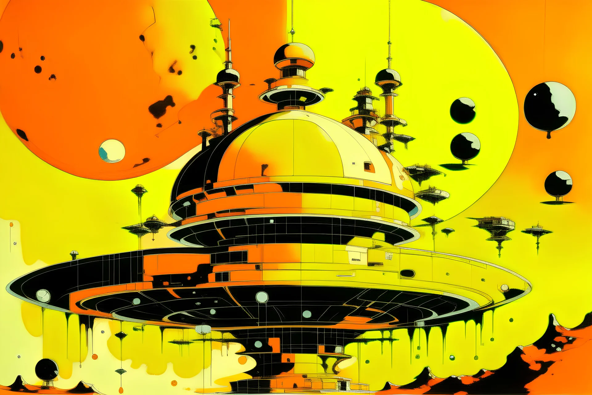 A yellowish orange color space station in a galaxy filled with planets painted by Andy Warhol