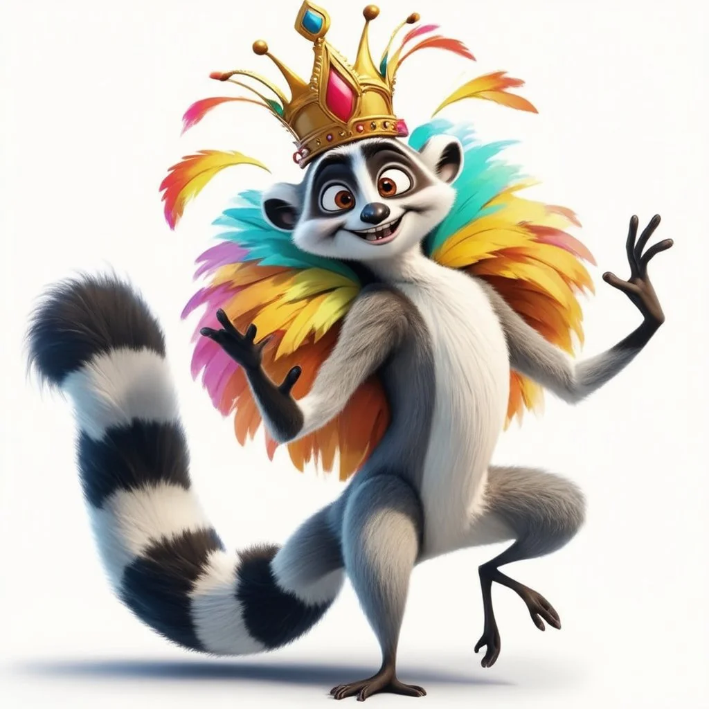 King Julian from Madagascar movie dancing and saying 'I like to move it, move it!' in a GIF animation, in the style of Megan Duncanson with vibrant colors and whimsy. Include the lemurs dancing with him