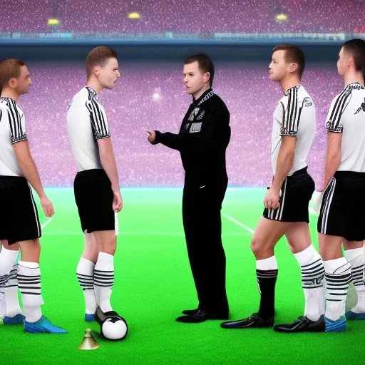 A porn star in a referee jersey officiating for a soccer match at Wembley Stadium