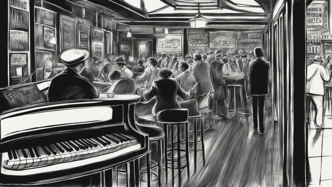 A charcoal sketch with soft shading Down the ramp in the tunnel round and about above the bass of timeless tunes crackles the warmth of blues, depicting a nostalgic jazz bar hidden beneath the bustling city streets, where musicians play soulful melodies to a captivated audience