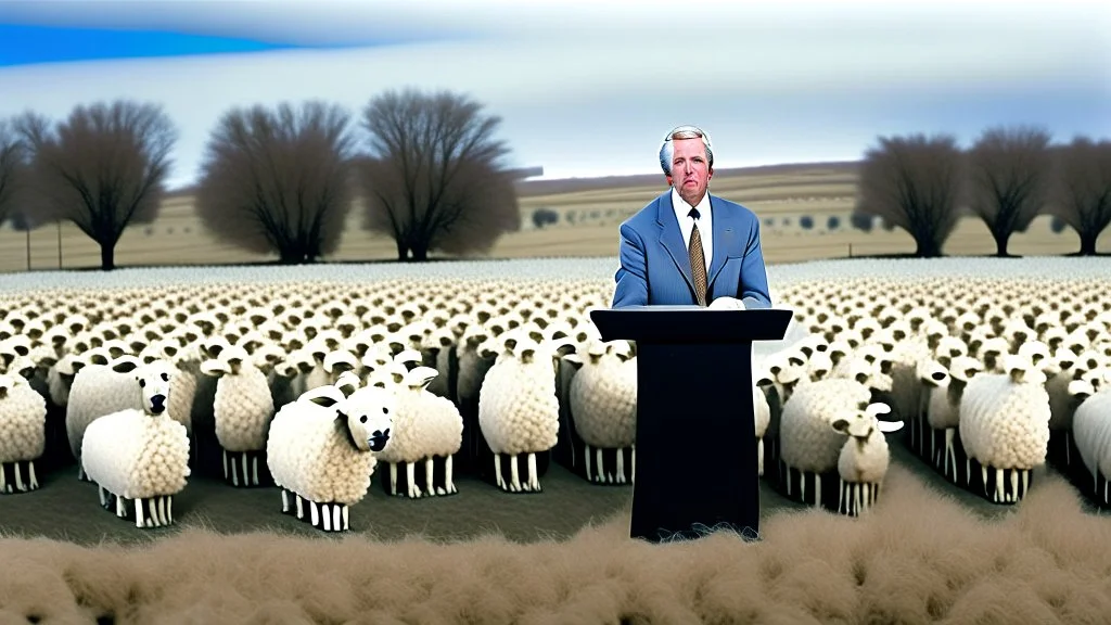 George w bush at podium speaking to large field of sheep