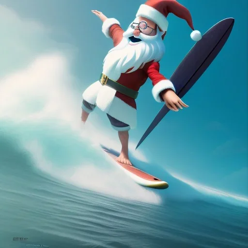 Santa standing of surfboard surfing a big wave, surfboard, beach, character design by cory loftis, fenghua zhong, ryohei hase, ismail inceoglu and ruan jia. unreal engine 5, artistic lighting, highly detailed, photorealistic, fantasy